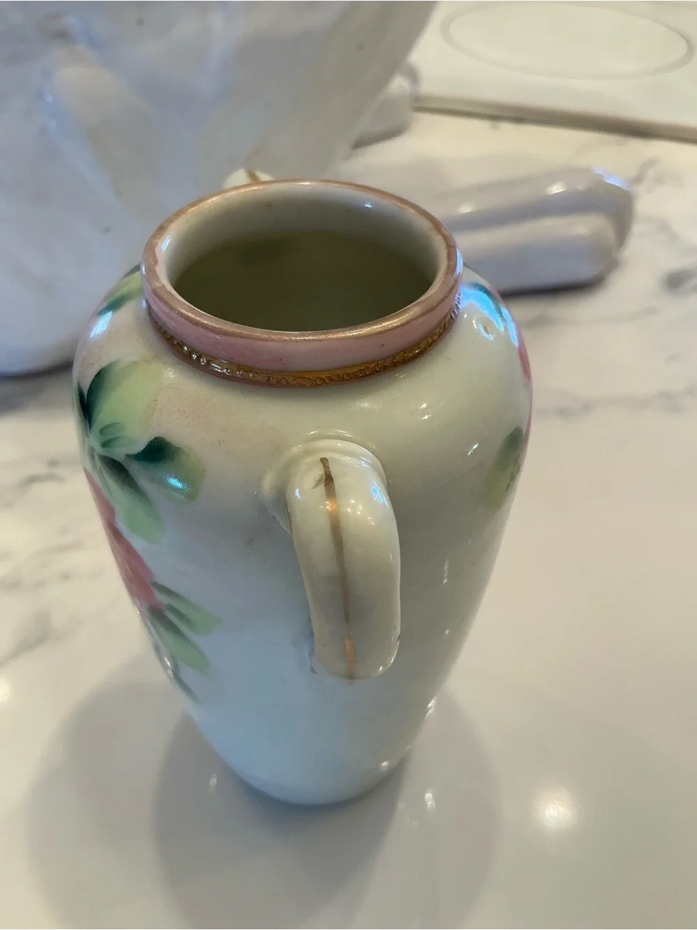 Nippon Hand-Painted Rose Porcelain Double-Handled Vase in Pink and Red